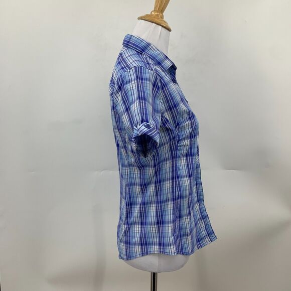 Mountain Hardwear Plaid Shirt Womens S Small Blue Nylon Blend Hidden Button Up - Picture 4 of 12